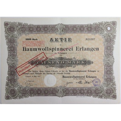 Акция Хлопчатобумажная прядильная фабрика в Эрлангене, 1000 марок 1922 года, Германия