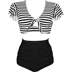 COCOSHIP Black & White Striped Women's High Waist Ruched Bikini Set Tie Front Short Sleeve Top Ruffle Straps Bath Swimwear 18