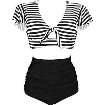 COCOSHIP Black & White Striped Women's High Waist Ruched Bikini Set Tie Front Short Sleeve Top Ruffle Straps Bath Swimwear 18