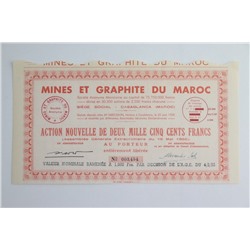Акция Горнодобывающая промышленность и графит Марокко, 2500 франков 1958 года, Франция