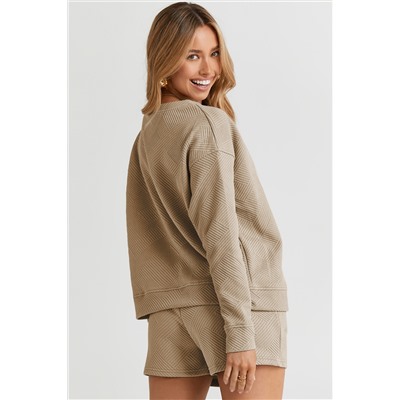 Apricot khaki Textured Long Sleeve Top and Drawstring Shorts Set