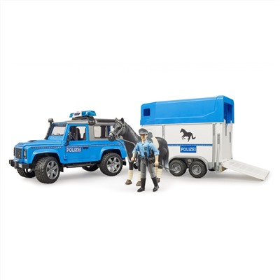 Bruder 02588 "Внедорожник Land Rover Defender полицейский" с прицепом, фиг-ой и лошадью