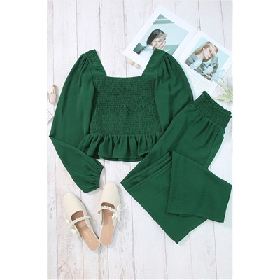 Green Square Neck Smocked Peplum Top and Pants Set