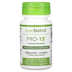 Hyperbiotics Pro-15, Пребиотик + Пробиотик, 5 миллиардов КОЕ, 30 таблеток с пролонгированным выпуском - Hyperbiotics