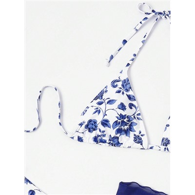 Triangle-Bikini mit Neckholder, Blume Muster, & Strandrock