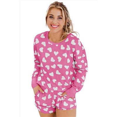 Pink Valentine Heart Shape Print Long Sleeve Top Shorts Lounge Set