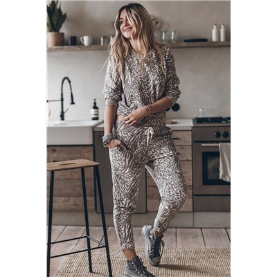 Leopard Long Sleeve Top Drawstring Pants Lounge Outfit