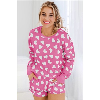 Pink Valentine Heart Shape Print Long Sleeve Top Shorts Lounge Set