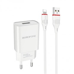 Зарядное устройство Borofone BA20A, 2.1А USB + кабель Lightning, белое