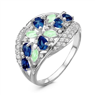 Кольцо из серебра с пл.синим кварцем, луный зелёный и фианитами родированное 925 пробы 1-2002р-10833