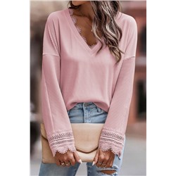 Pink Ribbed Texture Lace Trim V Neck Long Sleeve Top