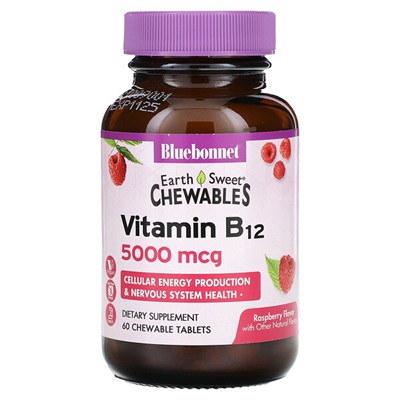 Bluebonnet Nutrition Earth Sweet Chewables, витамин B12, малина, 5000 мкг, 60 жевательных таблеток