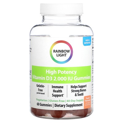 Rainbow Light Высокоэффективный витамин D3, персик, 2000 МЕ, 60 жевательных таблеток