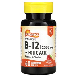 Sundance Vitamins B-12 + Фолиевая кислота, Натуральная ягода - 2500 мкг - 60 таблеток быстрого растворения - Sundance Vitamins