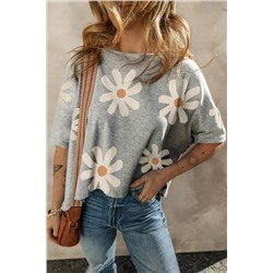 Gray Daisy Flower Printed Casual T Shirt