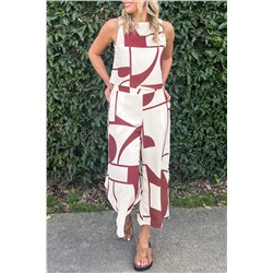 White Abstract Printed Button Back Vest and Wide Leg Pants Set