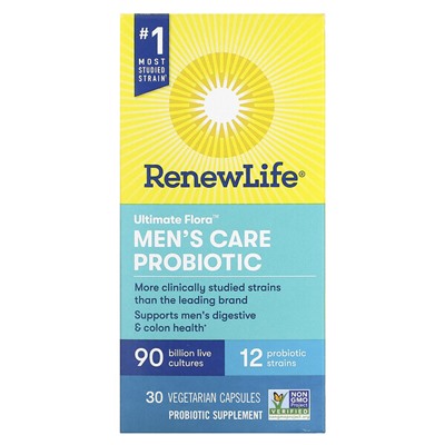 Renew Life Ultimate Flora, Мужской Уход Пробиотик - 90 миллиардов живых культур - 30 вегетарианских капсул - Renew Life