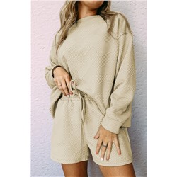 Apricot Textured Long Sleeve Top and Drawstring Shorts Set