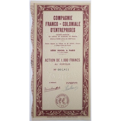 Акция Франко-Колониальные предприятия, 1000 франков, Франция