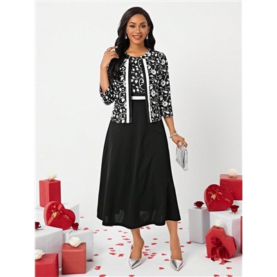 SHEIN Lady Valentinstag Blumenprint Jacke Und Kleid Set Mit Offener Vorderseite