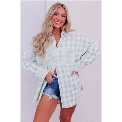 Green Pink Mix Checked Patchwork Long Sleeve Shirt