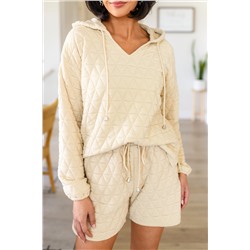 Beige Quilted V Neck Hoodie Drawstring Shorts Set