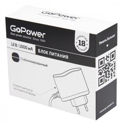 Адаптер питания GoPower 12В/1А, стабилиз., 5,5х2,5/12мм, положит. полярность (+)