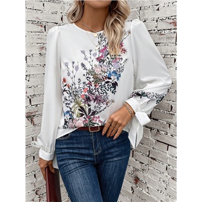 SHEIN Clasi Bluse mit Blume Muster, Puffärmeln,