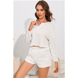 White Waffle Knit Buttoned Long Sleeve Crop and Shorts Lounge Set