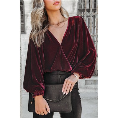 Burgundy Surplice V Neck Bubble Sleeve Velvet Bodysuit