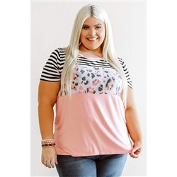 Розово-белая полосатая футболка плюс сайз с леопардовым принтом