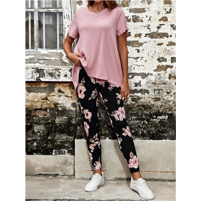 SHEIN VCAY Einfarbiges T-Shirt mit & Blume Muster, Leggings mit