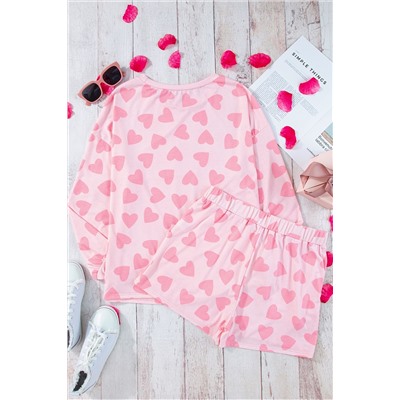 Pink Valentine Heart Shape Print Long Sleeve Top Shorts Lounge Set