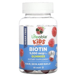 Lifeable Kids Biotin Gummies, Sugar Free, Natural Raspberry, 5,000 mcg, 60 Gummies (2,500 mcg per Gummy)