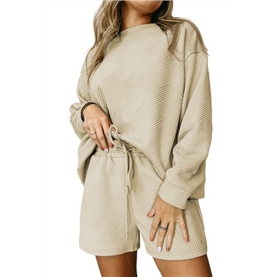 Apricot Textured Long Sleeve Top and Drawstring Shorts Set