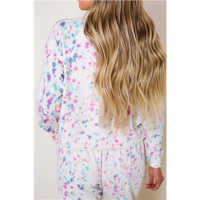 White Tie-dye Long Sleeve Crop Pullover and Joggers Lounge Set