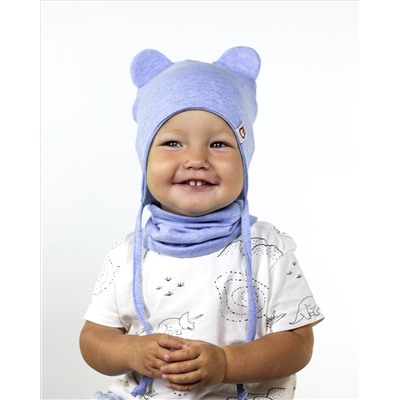 Шапка "Мишка" двухслойная с завязками и шевроном "Медведь". Цвет голубой меланж