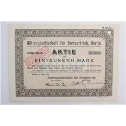 Акция Общество по продаже пива, Берлин, 1000 рейхсмарок 1923 г, Германия