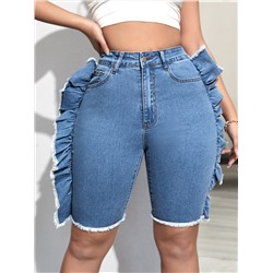 SHEIN SXY Denim Shorts mit Rüschenbesatz, unbearbeitetem Saum