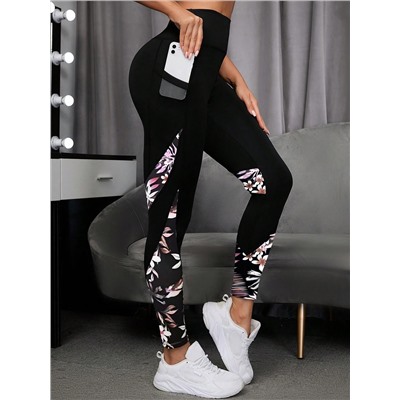 Yoga Trendy Sports Leggings mit Blume Muster, seitlicher Handytasche