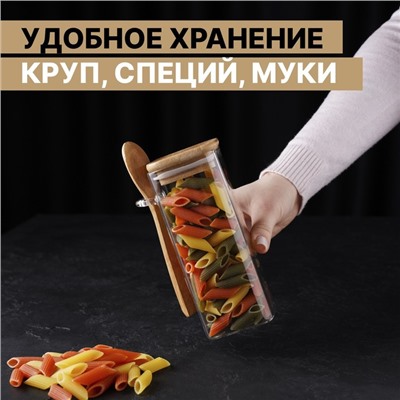 УЦЕНКА Банка стеклянная для сыпучих продуктов с бамбуковой крышкой и ложкой «Эко. Квадрат», 420 мл, 8×6×15,5 см