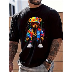 Herren Sommer Rundhals Lässig T-Shirt mit Bär Cartoon Muster, Kurzarm