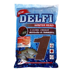Прикормка зимняя увлажненная DELFI ICE Ready, универсальная, креветка, красная + блёстки, 500 г