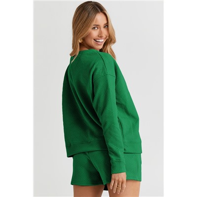 Green Textured Long Sleeve Top and Drawstring Shorts Set