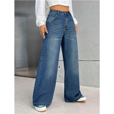 SHEIN EZwear Damen-jeans Im Cargo-stil Mit Hoher Taille Und Weitem Bein Und Taschen