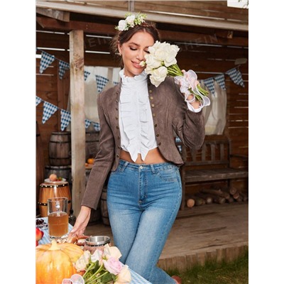 SHEIN Frenchy Damen Dirndl Jacke mit Knöpfen und Puffärmeln aus Wildleder für Frühling und Herbst