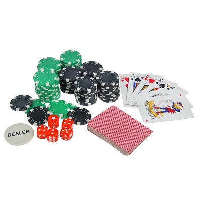 УЦЕНКА Набор для покера в кейсе 100 фиш. без/ном.11гр, 2 колод.карт. х54шт,5 кубиков,20х20см