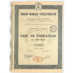 Акция Электроснабжение сельскохозяйственных предприятий, 100 франков 1930 года, Франция