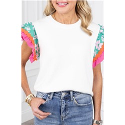 White Contrast Ricrac Floral Sleeve Top