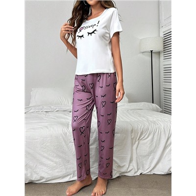 Pyjama Set mit Wimpern & Herzen Muster,